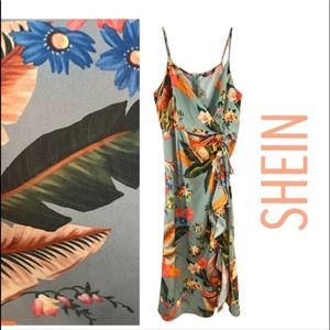SHEIN Olive green peach and orange tropical floral ankle length slip maxidress L
